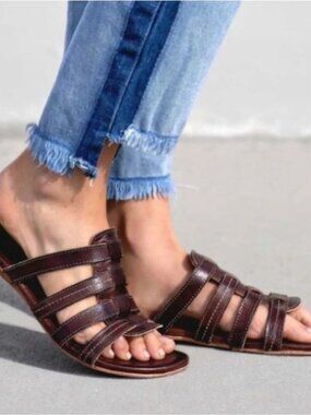 Bed|Stü Zira Leather Slip On Slide Sandals Women's Size 6 Teak Rustic Brown